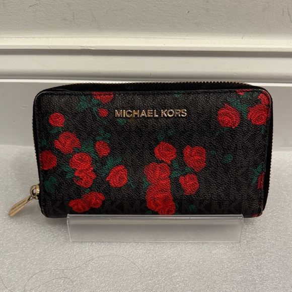 Michael Kors Handbags - Michael Kors jet set signature logo roses floral zip around wallet